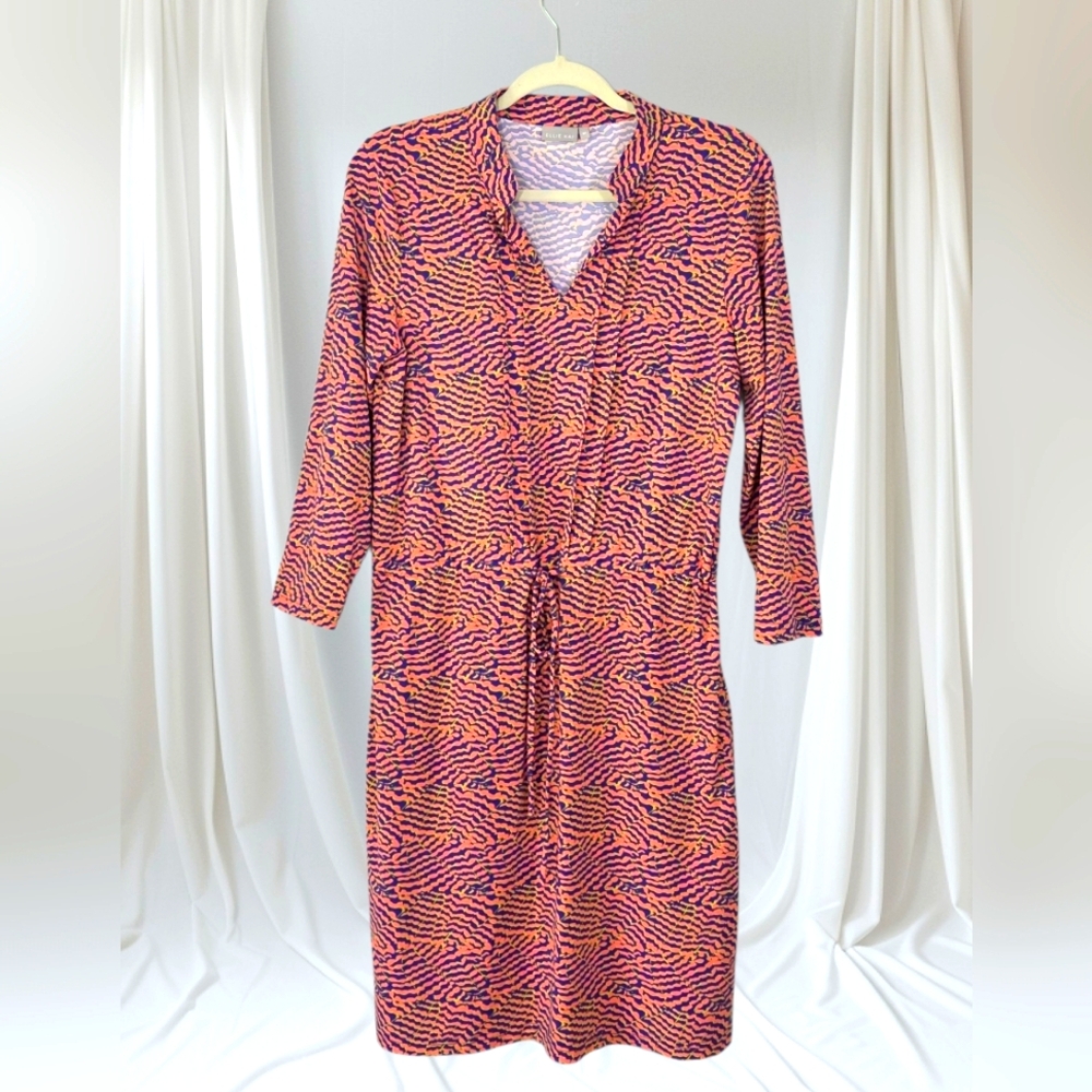 ELLIE KAI Knit Slinky Stretch V-Neck Multi Print 3/4 Sleeve Dress Size Medium
